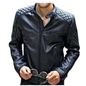 Men's Sheepskin Leather Cafe Racer Jacket Black Motorcycle