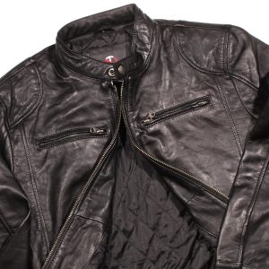 Cafe Racer Leather Jacket: Genuine Sheepskin Black Metal