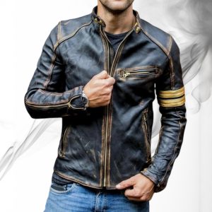 Distressed Sheepskin Leather Cafe Racer Jacket Vintage Style