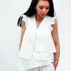 Asymmetric Linen Top Women Extravagant White Tunic For