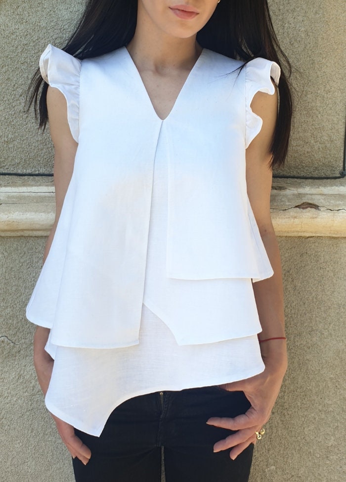 Asymmetric Linen Top Women Extravagant White Tunic For