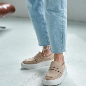 Beige Leather Loafers Casual Soft Flats Suede Loop