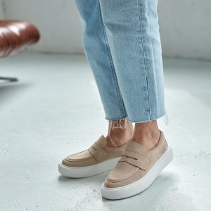 Beige Leather Loafers Casual Soft Flats Suede Loop