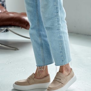 Beige Leather Loafers Casual Soft Flats Suede Loop