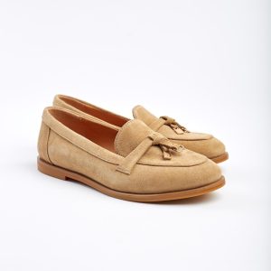Beige Suede Loafers Comfortable Leather Tassel Flats Classic