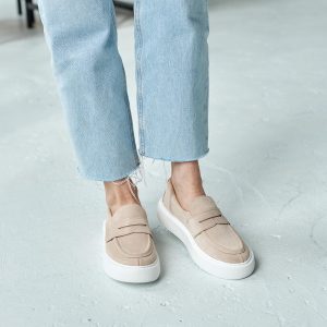 Beige Leather Loafers Casual Soft Flats Suede Loop