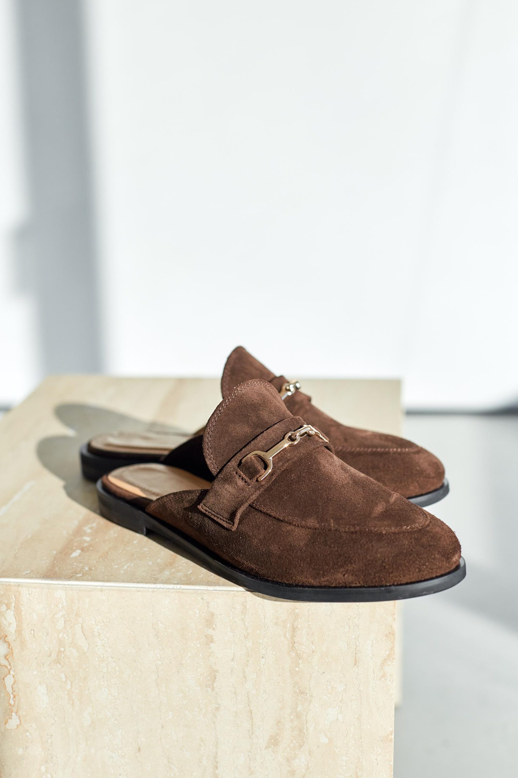 Women's Brown Suede Mules With Chain Detail Backless